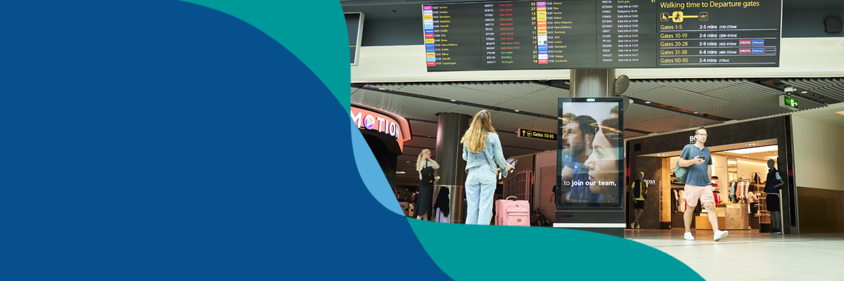 Banner showing London Gatwick brand flow line over dark blue background