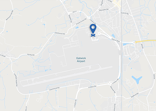 A map indicating the location of Gatwick North Terminal at RH6 0PH