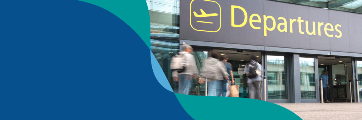 Banner showing London Gatwick brand flow line over dark blue background