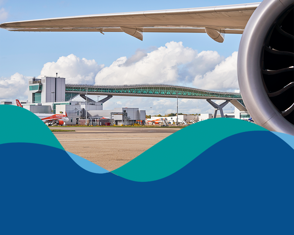 Banner showing London Gatwick brand flow line over dark blue background