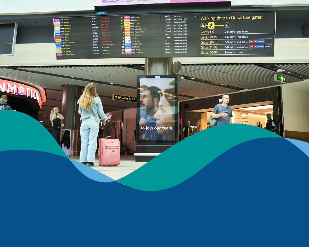 Banner showing London Gatwick brand flow line over dark blue background