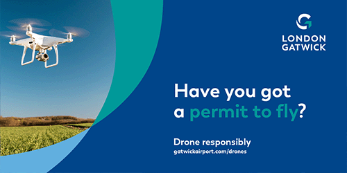 A digital poster featuring an image of a DJI Phantom commercial drone flying over a field. Text reads: Have you got a permit to fly?