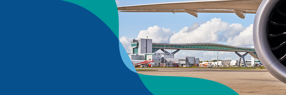 Banner showing London Gatwick brand flow line over dark blue background