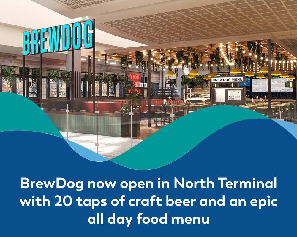 Banner image advertising BrewDog bar, now open in North Terminal