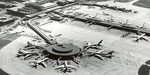 A black and white aerial photo of London Gatwick Pier 3