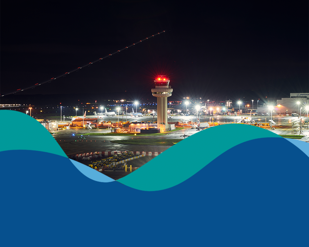 London Gatwick brand flow line over dark blue background