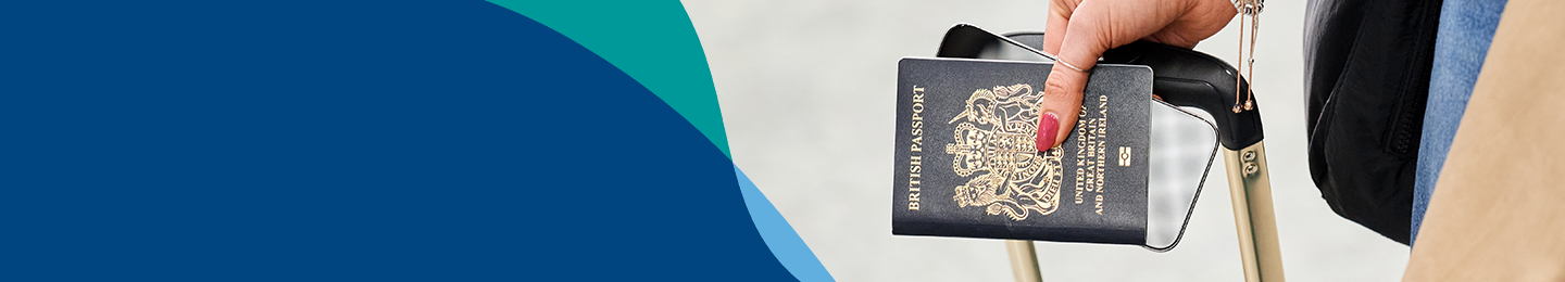 Banner image showing passenger holding passport, phone, and luggage.