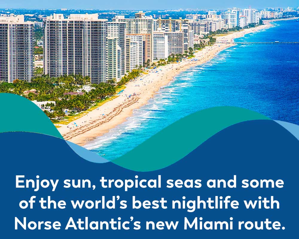 Banner showing image of Miami seafront advertising Norse Atlantic's new route