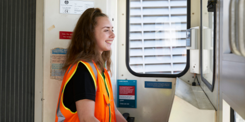 photo of young Gatwick apprentice Abi  in an aircraft bridge