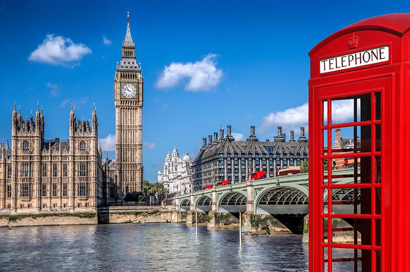 Image showing iconic red phone box in front of Thames and Big Ben