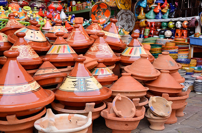 Traditional clay tagine pots in Rabat market
