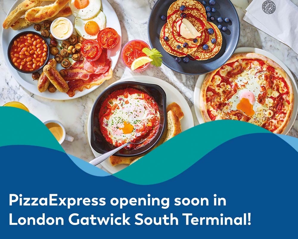 Banner image advertising the soon to open PizzaExpress restaurant at London Gatwick South Terminal
