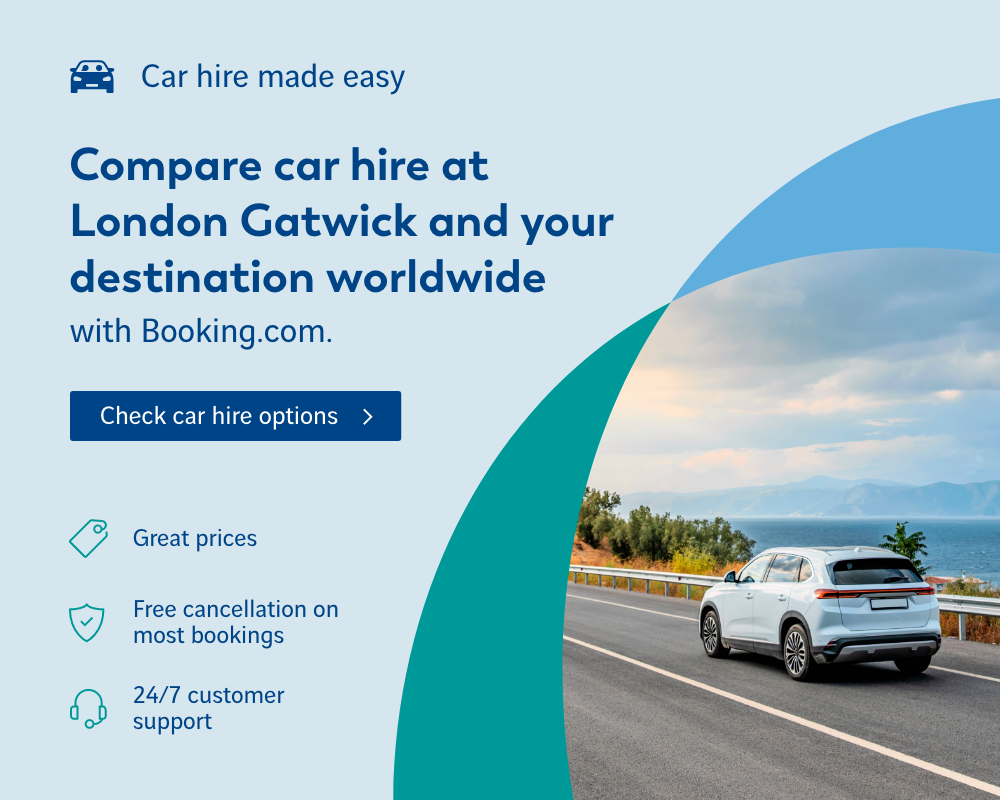 Compare car hire at London Gatwick and your destination worldwide with booking.com, link