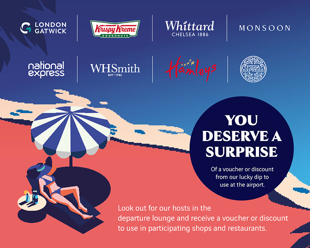 Look out for our hosts in the departure lounge and receive a voucher or discount to use in participating shops and restaurants.