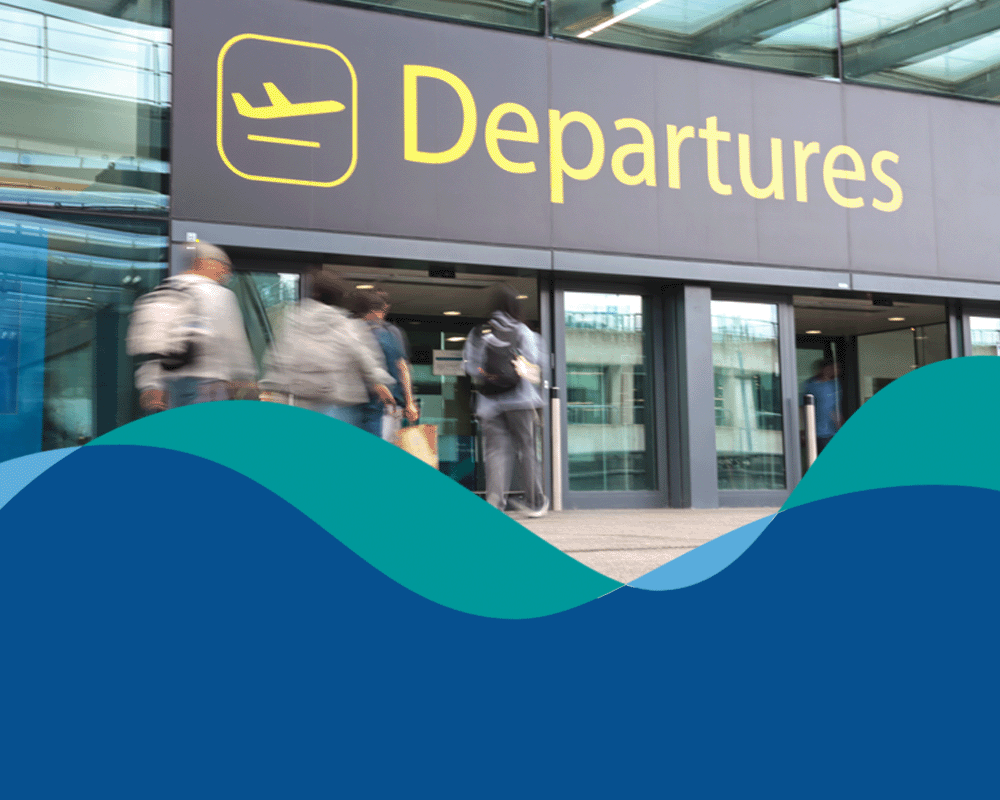Banner showing London Gatwick brand flow line over dark blue background